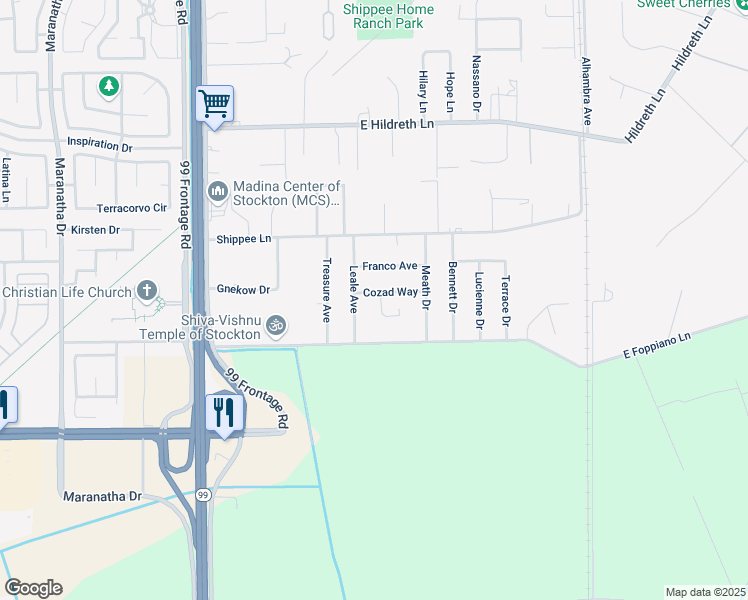 map of restaurants, bars, coffee shops, grocery stores, and more near 8319 Manor Circle in Stockton
