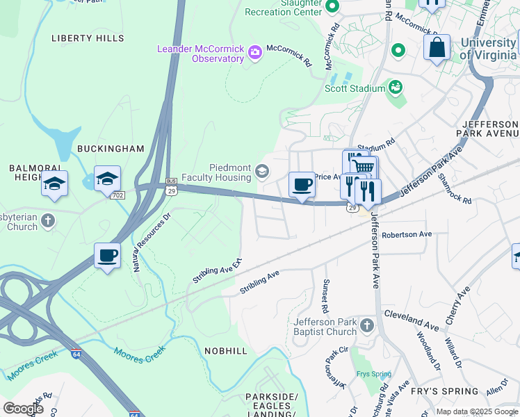 map of restaurants, bars, coffee shops, grocery stores, and more near 106 Westerly Avenue in Charlottesville