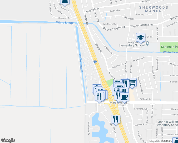 map of restaurants, bars, coffee shops, grocery stores, and more near 8275 Mariners Drive in Stockton