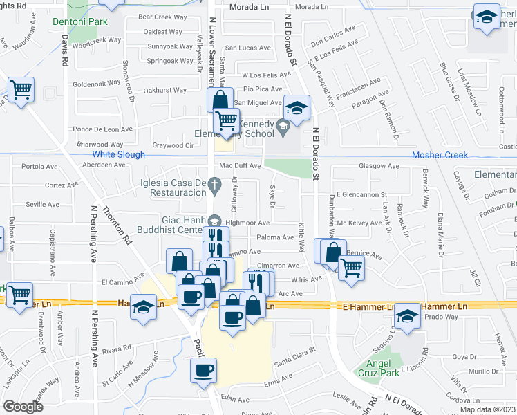 map of restaurants, bars, coffee shops, grocery stores, and more near 8328 Kinross Way in Stockton