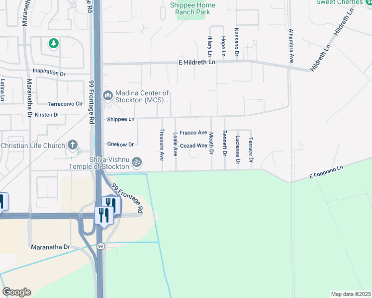 map of restaurants, bars, coffee shops, grocery stores, and more near 8319 Manor Circle in Stockton