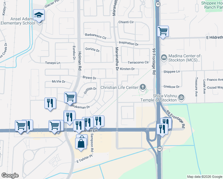 map of restaurants, bars, coffee shops, grocery stores, and more near 8223 Shay Circle in Stockton