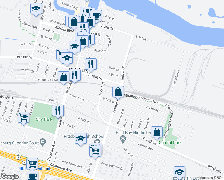 map of restaurants, bars, coffee shops, grocery stores, and more near 1100 Harbor Street in Pittsburg