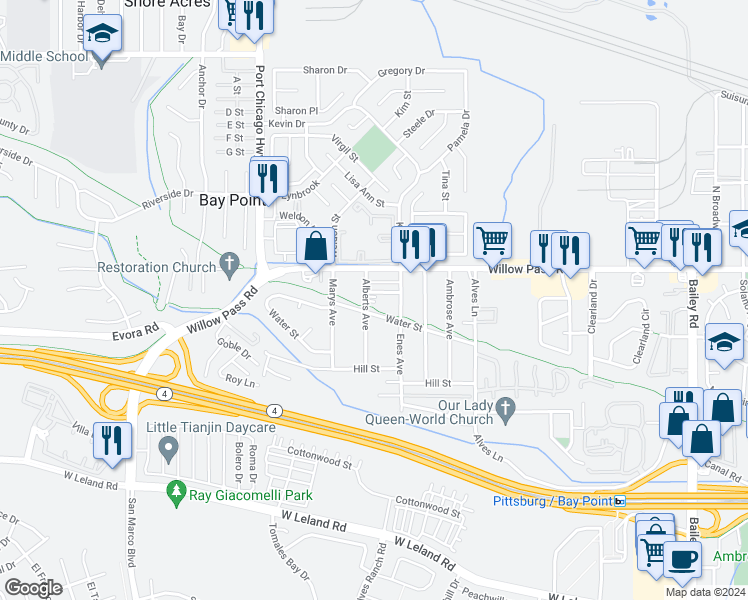map of restaurants, bars, coffee shops, grocery stores, and more near 114 Alberts Avenue in Bay Point