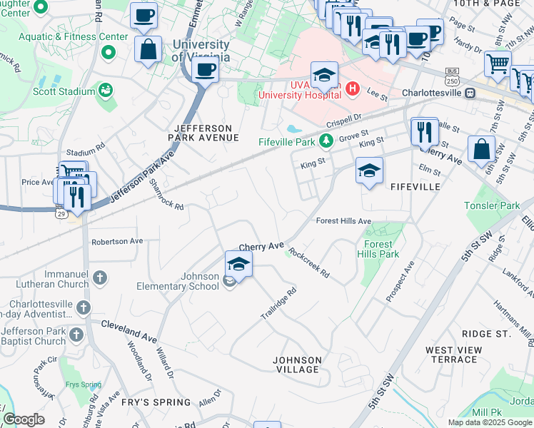 map of restaurants, bars, coffee shops, grocery stores, and more near 505 Valley Road Extension in Charlottesville