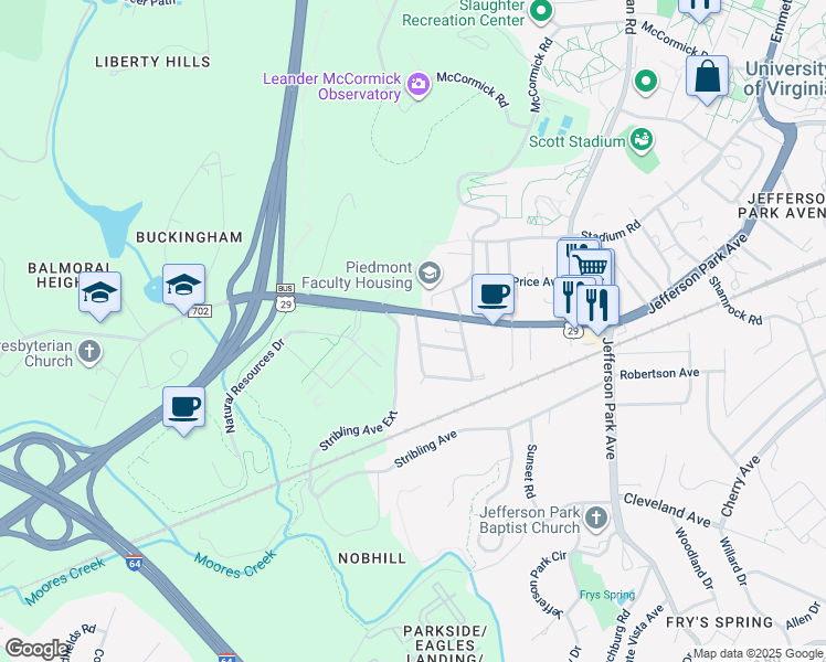 map of restaurants, bars, coffee shops, grocery stores, and more near 2514 Plateau Road in Charlottesville