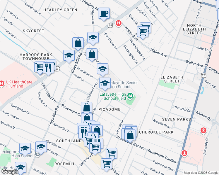 map of restaurants, bars, coffee shops, grocery stores, and more near 242 East Vista Street in Lexington
