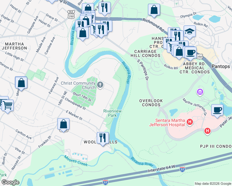map of restaurants, bars, coffee shops, grocery stores, and more near 322 Riverside Avenue in Charlottesville