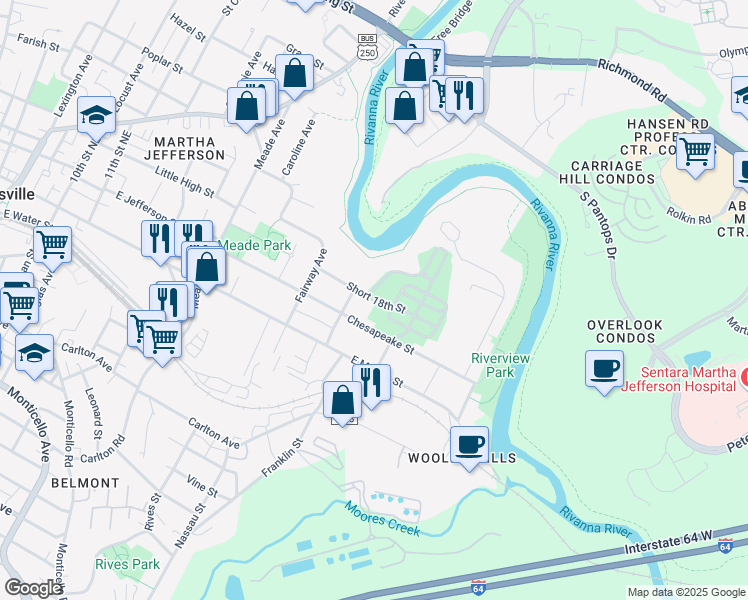 map of restaurants, bars, coffee shops, grocery stores, and more near 1561 Short 18th Street in Charlottesville