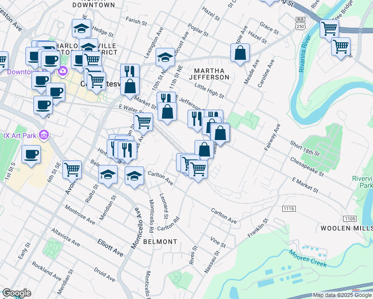 map of restaurants, bars, coffee shops, grocery stores, and more near 1111 East Water Street in Charlottesville