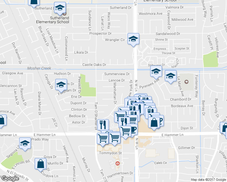 map of restaurants, bars, coffee shops, grocery stores, and more near 1133 Fallbrook Drive in Stockton