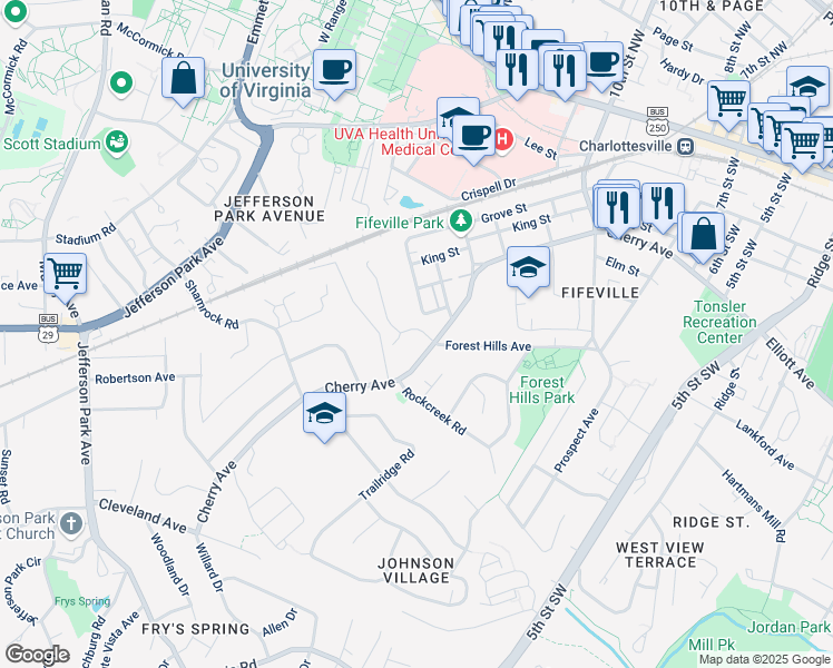 map of restaurants, bars, coffee shops, grocery stores, and more near 1400 Baker Street in Charlottesville