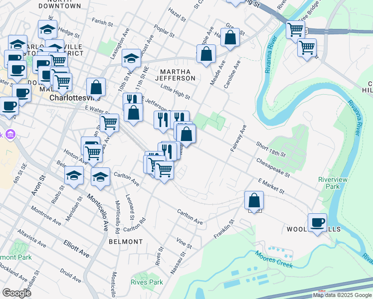 map of restaurants, bars, coffee shops, grocery stores, and more near 1304 East Market Street in Charlottesville
