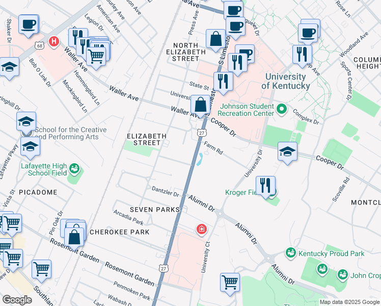 map of restaurants, bars, coffee shops, grocery stores, and more near 1435 Nicholasville Road in Lexington