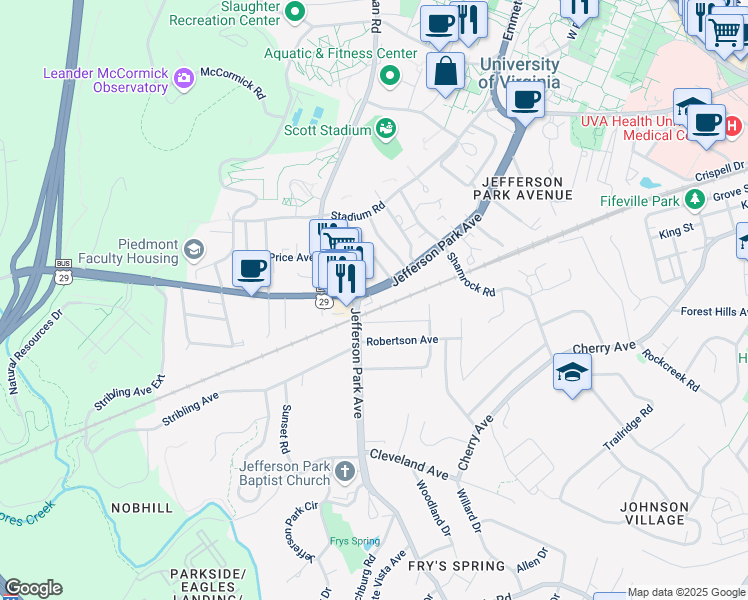 map of restaurants, bars, coffee shops, grocery stores, and more near 2108 Jefferson Park Avenue in Charlottesville