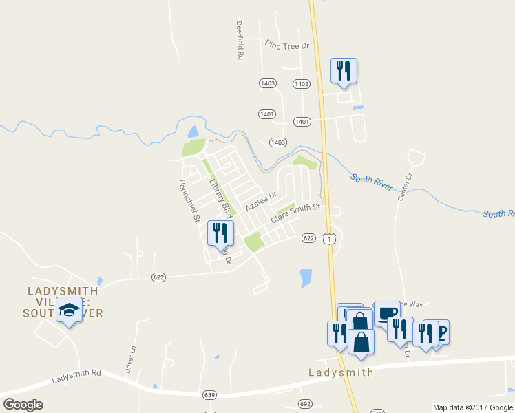 map of restaurants, bars, coffee shops, grocery stores, and more near 17257 Easter Lily Mews in Ruther Glen