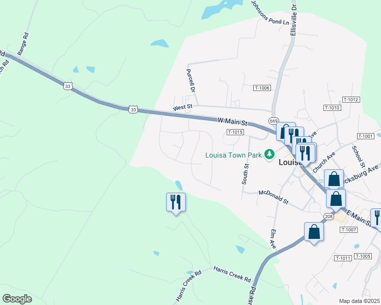 map of restaurants, bars, coffee shops, grocery stores, and more near 114 Apple Orchard Road in Louisa