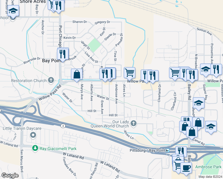 map of restaurants, bars, coffee shops, grocery stores, and more near 3315 Willow Pass Road in Bay Point