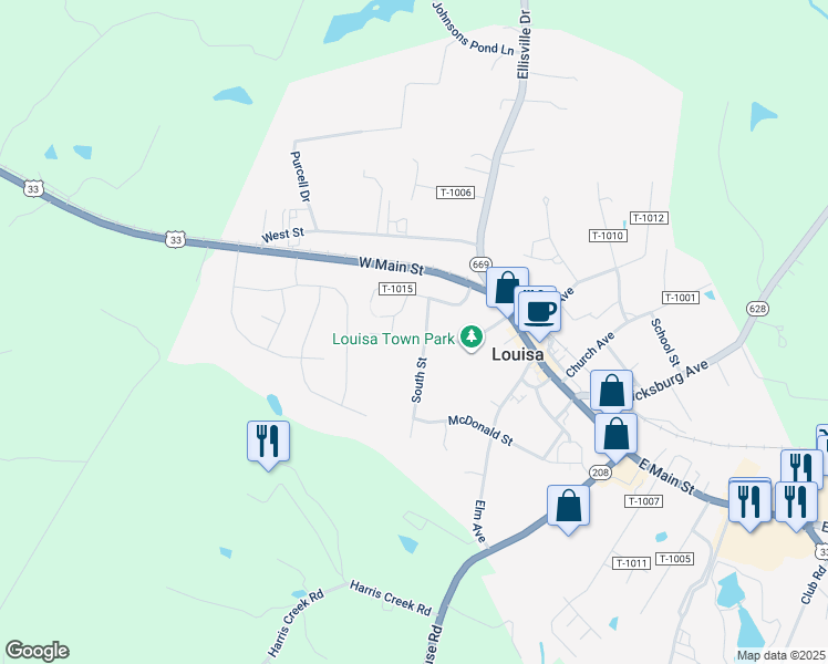 map of restaurants, bars, coffee shops, grocery stores, and more near 129 South Street in Louisa
