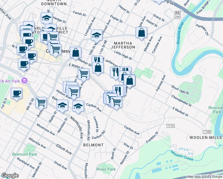 map of restaurants, bars, coffee shops, grocery stores, and more near 1140 42 East Market Street in Charlottesville