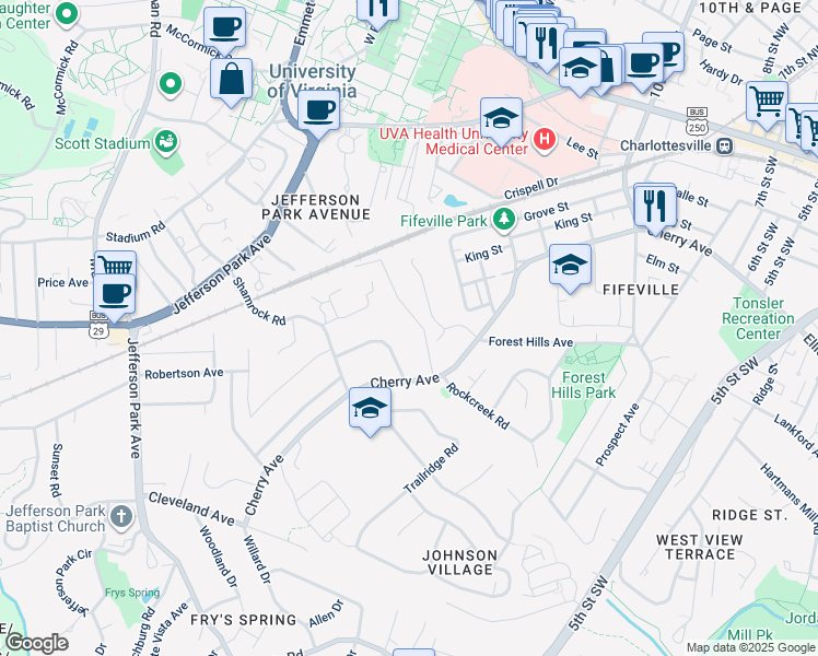 map of restaurants, bars, coffee shops, grocery stores, and more near 402 Valley Road Extension in Charlottesville
