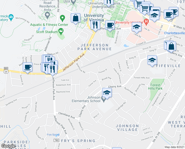 map of restaurants, bars, coffee shops, grocery stores, and more near 222 Shamrock Road in Charlottesville