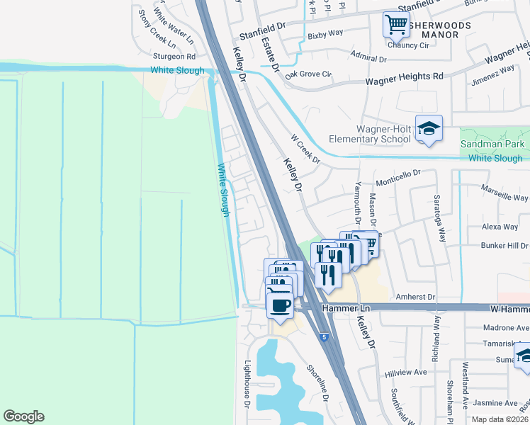 map of restaurants, bars, coffee shops, grocery stores, and more near 8225 Mariners Drive in Stockton