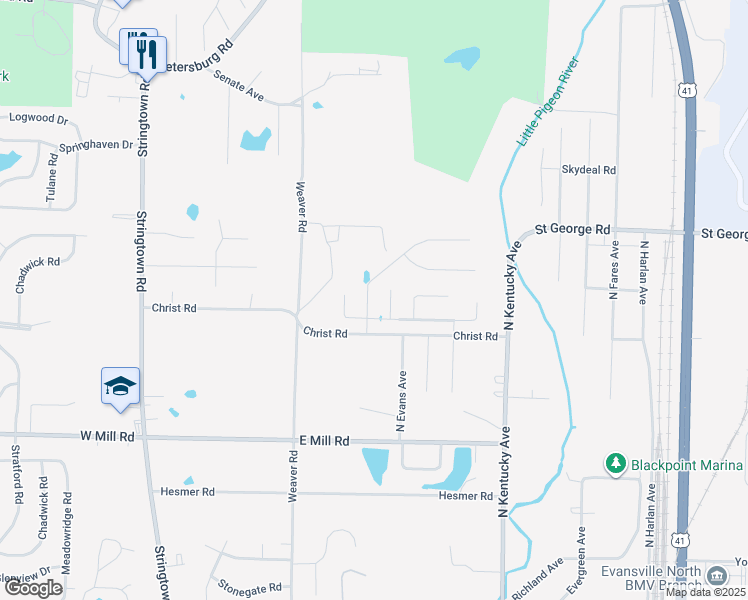 map of restaurants, bars, coffee shops, grocery stores, and more near 5320 Suncrest Court in Evansville