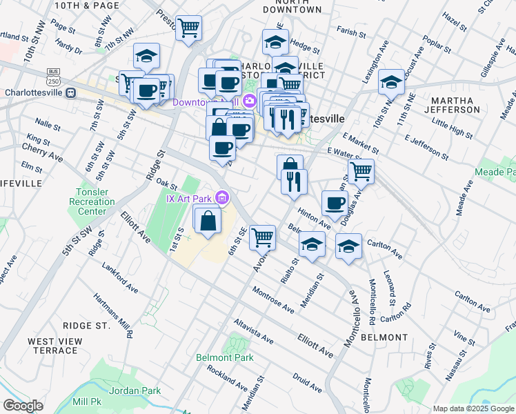 map of restaurants, bars, coffee shops, grocery stores, and more near 599 6th Street Southeast in Charlottesville