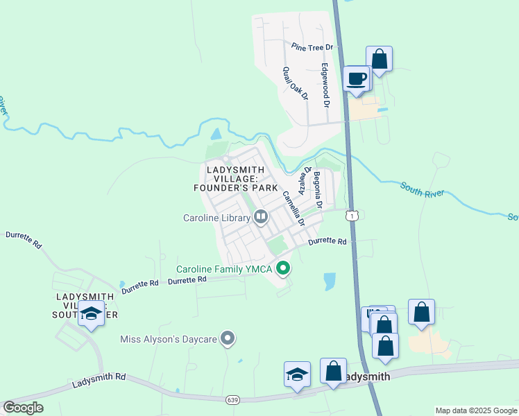 map of restaurants, bars, coffee shops, grocery stores, and more near 17231 Library Boulevard in Ruther Glen