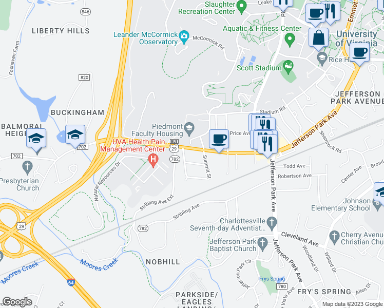map of restaurants, bars, coffee shops, grocery stores, and more near 2512 Fontaine Avenue in Charlottesville
