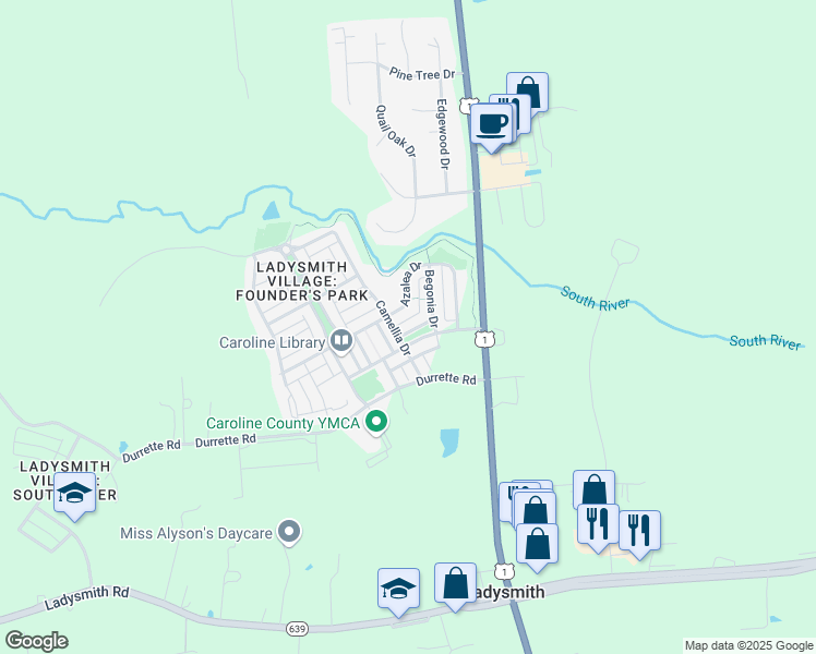 map of restaurants, bars, coffee shops, grocery stores, and more near 7267 Sallie Collins Drive in Ruther Glen