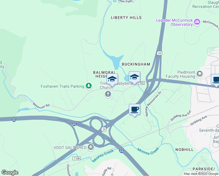 map of restaurants, bars, coffee shops, grocery stores, and more near 1040 Reservoir Road in Charlottesville