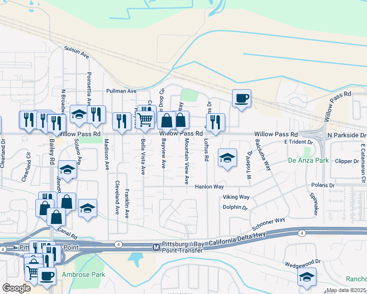 map of restaurants, bars, coffee shops, grocery stores, and more near 24 Mountain View Avenue in Bay Point