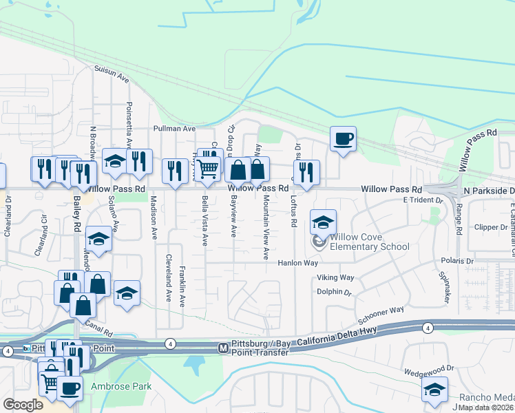 map of restaurants, bars, coffee shops, grocery stores, and more near 10 Mountain View Avenue in Bay Point