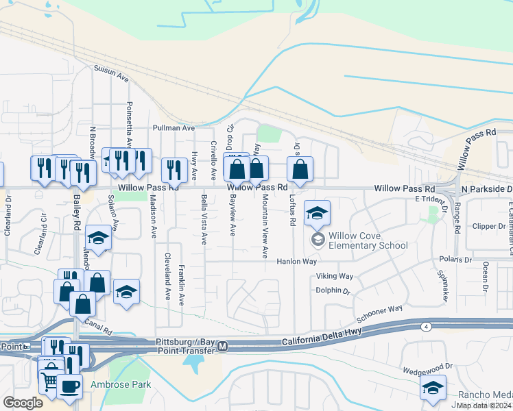 map of restaurants, bars, coffee shops, grocery stores, and more near 24 Mountain View Avenue in Bay Point