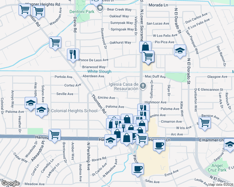 map of restaurants, bars, coffee shops, grocery stores, and more near 1031 Burns Way in Stockton