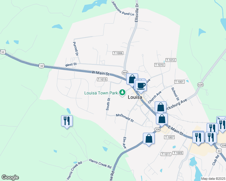 map of restaurants, bars, coffee shops, grocery stores, and more near 129 South Street in Louisa