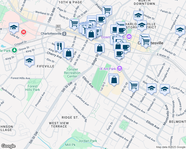 map of restaurants, bars, coffee shops, grocery stores, and more near 512a Ridge Street in Charlottesville
