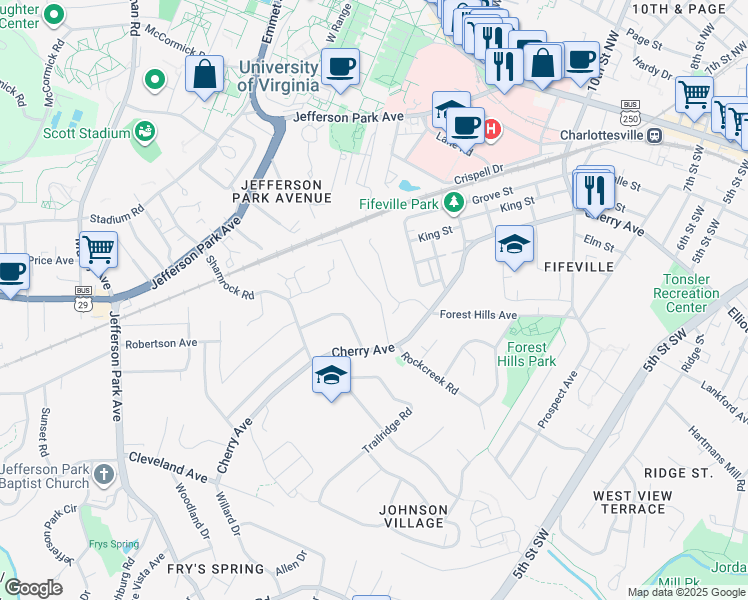 map of restaurants, bars, coffee shops, grocery stores, and more near 402 Valley Road Extension in Charlottesville