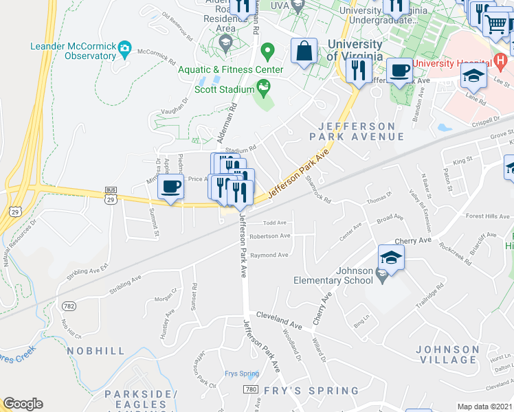 map of restaurants, bars, coffee shops, grocery stores, and more near 2111 U.S. 29 Business in Charlottesville