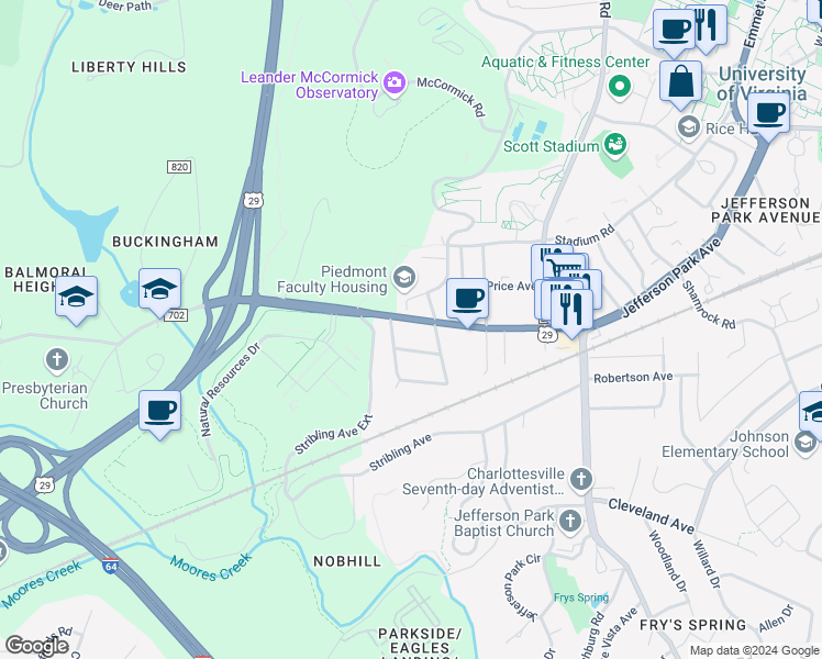 map of restaurants, bars, coffee shops, grocery stores, and more near 115 Mimosa Drive in Charlottesville
