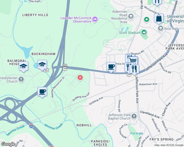 map of restaurants, bars, coffee shops, grocery stores, and more near Fontaine Ave in Charlottesville