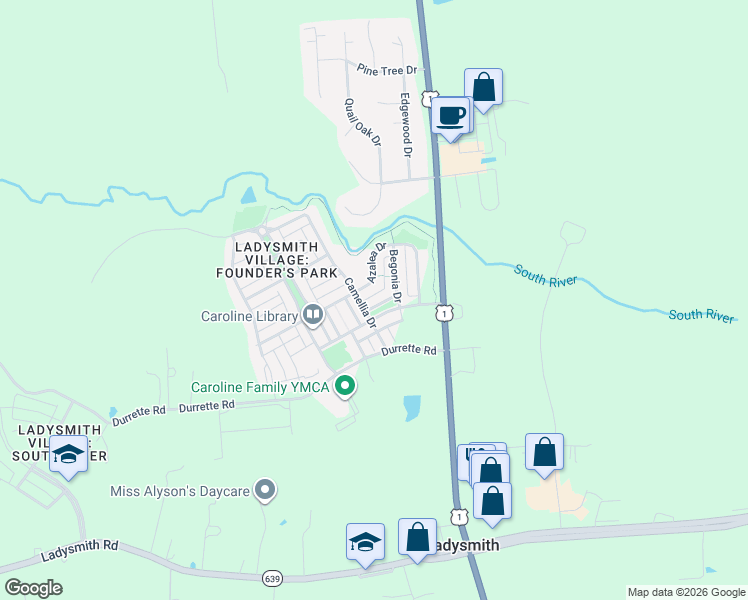 map of restaurants, bars, coffee shops, grocery stores, and more near 7267 Sallie Collins Drive in Ruther Glen