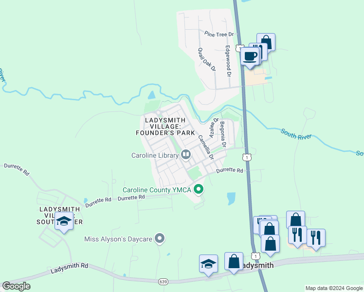 map of restaurants, bars, coffee shops, grocery stores, and more near 17231 Library Boulevard in Ruther Glen
