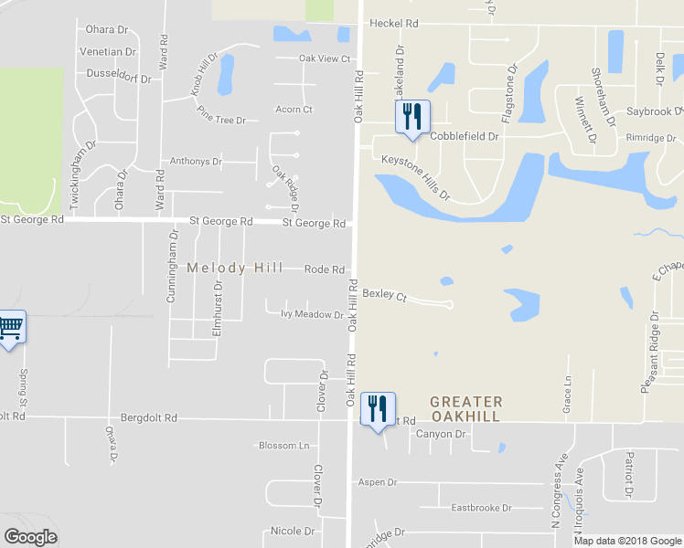 map of restaurants, bars, coffee shops, grocery stores, and more near 5214 Oak Hill Road in Evansville