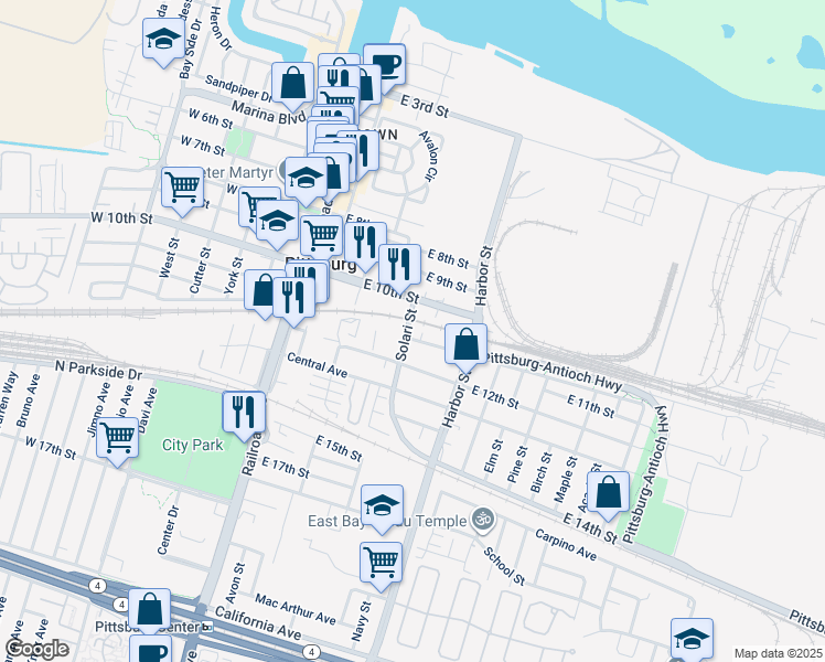 map of restaurants, bars, coffee shops, grocery stores, and more near 407 East Santa Fe Avenue in Pittsburg