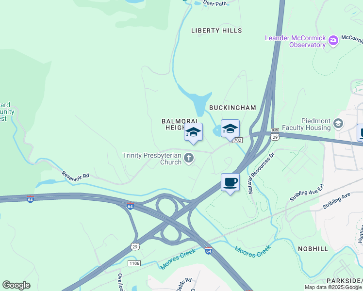 map of restaurants, bars, coffee shops, grocery stores, and more near 1058 Reservoir Road in Charlottesville