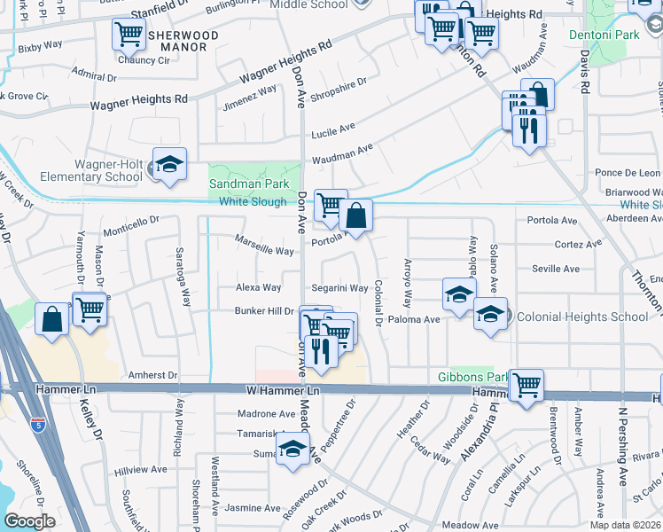 map of restaurants, bars, coffee shops, grocery stores, and more near 2301 Dario Circle in Stockton