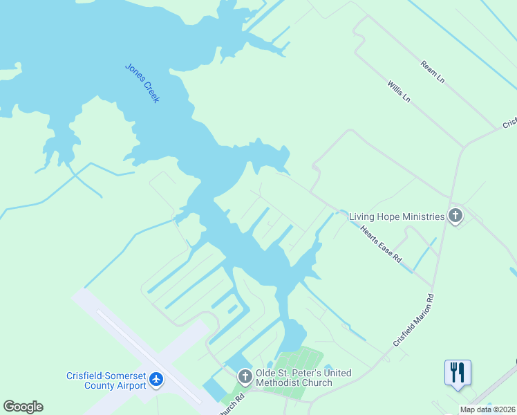map of restaurants, bars, coffee shops, grocery stores, and more near 27010 Hearts Drive in Crisfield